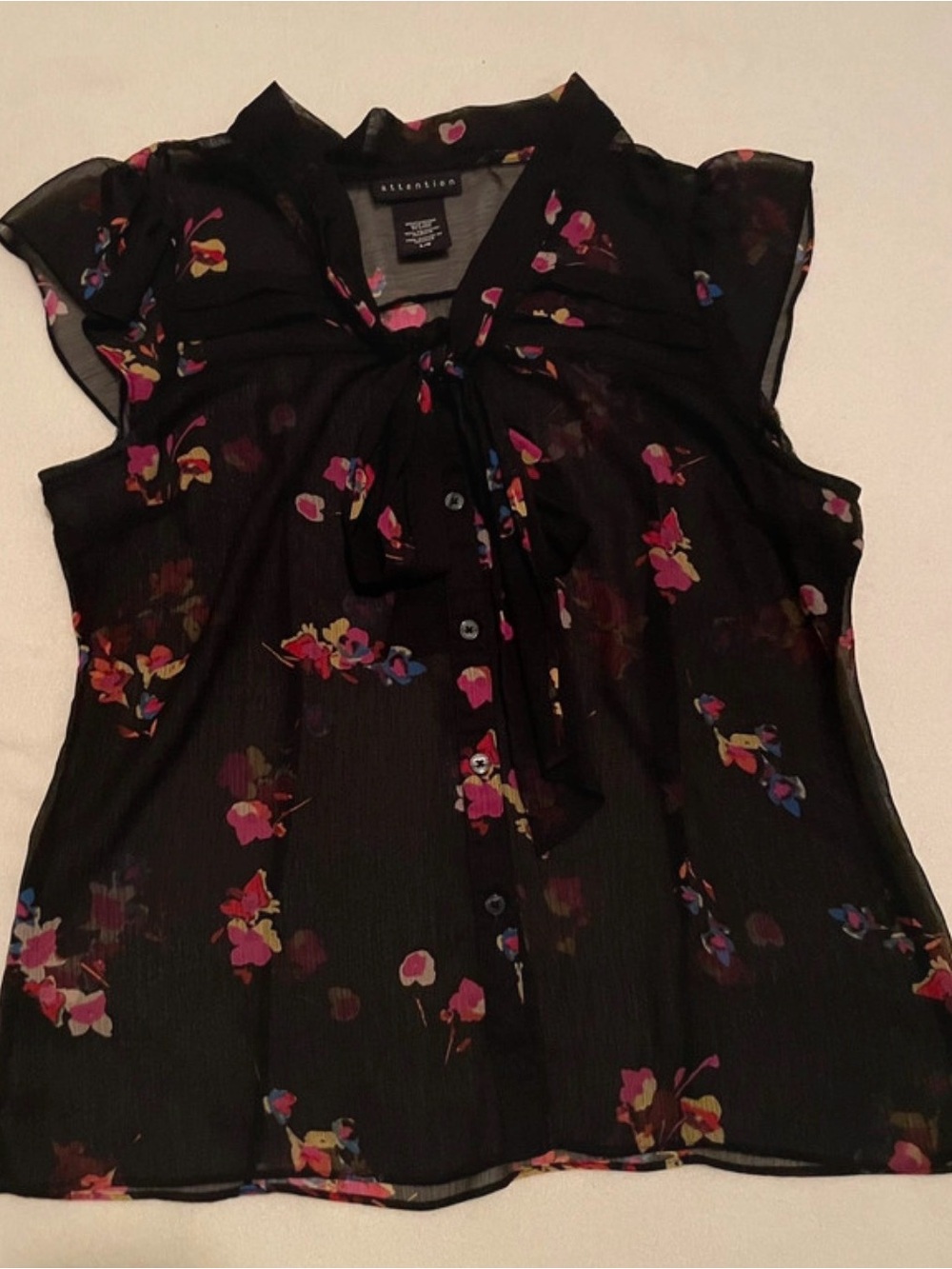 attention Black Sheer Floral Tie-Neck Blouse with Pink and Purple Accents